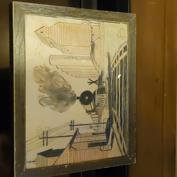 Linear Pencil Drawing (charcoal,colored) of   a Train pulling into the Depot. - Picture 1 of 6